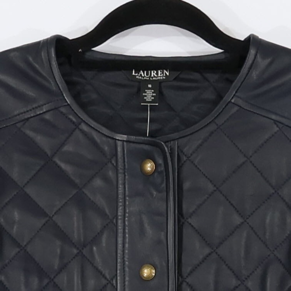 Lauren Ralph Lauren Diamond Quilted Leather Jacket Women 16 Navy Cropped $695NWT - Picture 9 of 14